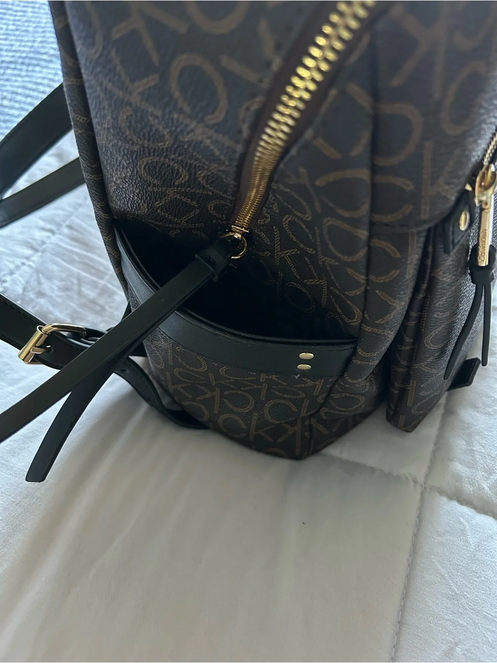 Calvin Klein Brown Monogram Logo Backpack with Gold Hardware